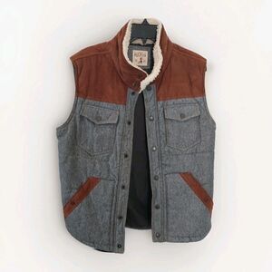 Red Head Mens Medium Blue Brown Vest With Faux Leather - Front Snaps - Pockets